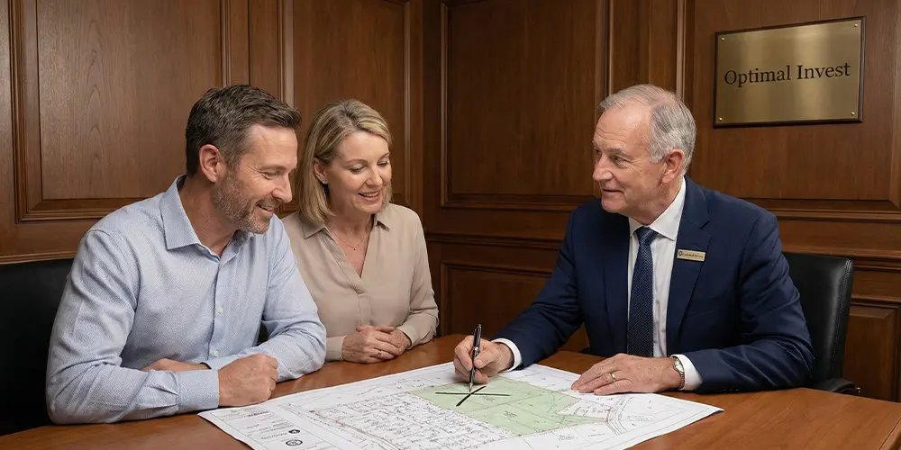 פגישת ייעוץ במשרדי אופטימל אינווסט, יועץ מסביר למשקיעים על מפה.