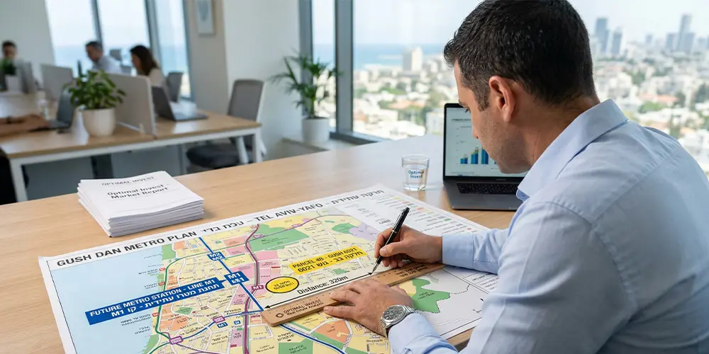 אנליסט של חברת אופטימל אינווסט בוחן מפת תוואי מטרו על גבי תוכנית מתאר מחוזית.