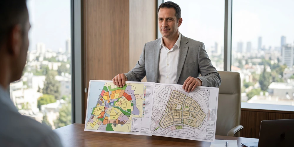 יועץ תכנון בחברת אופטימל אינווסט מציג את ההבדל בין תוכנית עיר כוללנית לבין תב"ע מפורטת.