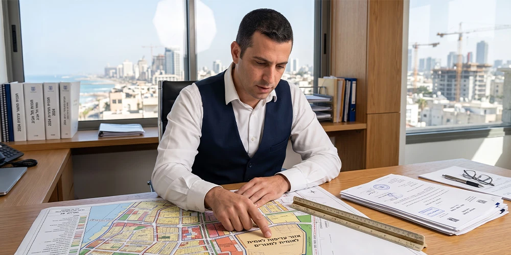 יועץ תכנון מנתח מפת הכרזה על מתחם מועדף לדיור במשרדי אופטימל אינווסט.