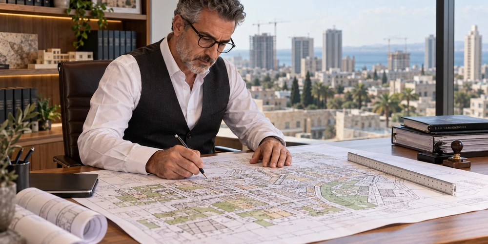 יועץ תכנון בוחן תשריט תב"ע פרוש על שולחן ומסמן גבולות חלקה, המחשה לבדיקת ייעוד קרקע